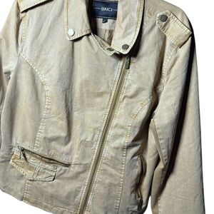 Tan Utility Jacket with Asymmetrical Zipper and Fitted Silhouette